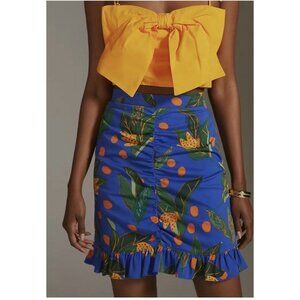 Farm Rio X Anthropologie Ruched Mini Skirt Pencil Tulip Tropical Flounced Sz M